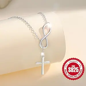 [Lucky Sterling Necklace] Elegant Sterling Silver Infinity Lucky 8 Cross Pendant Necklace | S925 Pure, Hypoallergenic, 4.5g - Perfect for Women, Daily Wear, Vacations, and Valentine's Day Gifts initialnecklace cross necklace name necklace