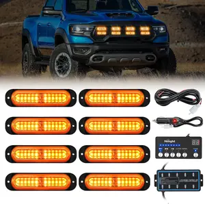 Nilight 8PCS Led Strobe Lights with Controller 12V 24V Sync Feature Amber Strobe Light 12 LED Surface Mount Hazard Warning Lights with Strobe Controller for Vehicle Car Truck RV ATV