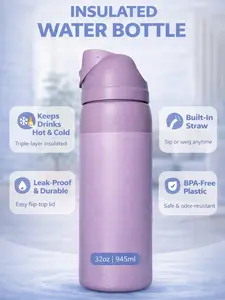 32oz Insulated Stainless Steel Water Bottle with Flip-Top Lid & Built-In Straw | Leak-Proof, BPA-Free, Keeps Ice Cold 24 Hours