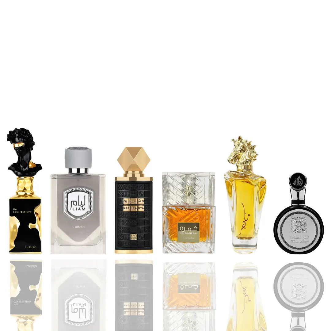 Lattafa Unisex 6-Piece Fragrance Variety Set - Maahir Gold, Liam, Fakhar Lattafa Man, His Confession, Mashrabya, Khamrah with Cardamom, Cinnamon, Amber Vanilla Fragrances, Elegant & Luxurious Scents, Amber Vanilla Fragrance, Elegant Scent