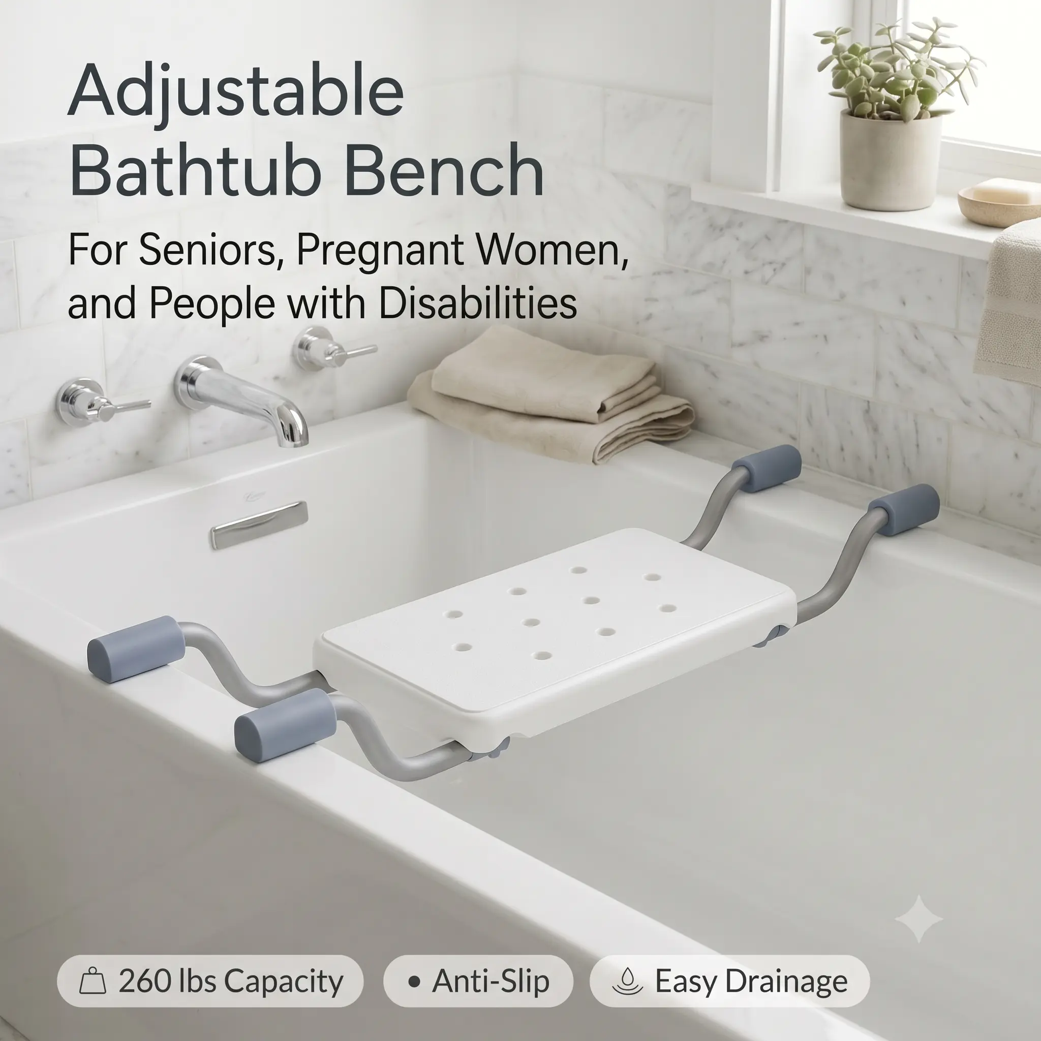 Adjustable Safety Bathtub Bench (28.35-32.28 Inch), Heavy Duty Suspended Bath Seat for Pregnant Women, Elderly, Disabled, Injured & Weaker, Anti-Slip Bariatric Shower Stool, 260 Lbs