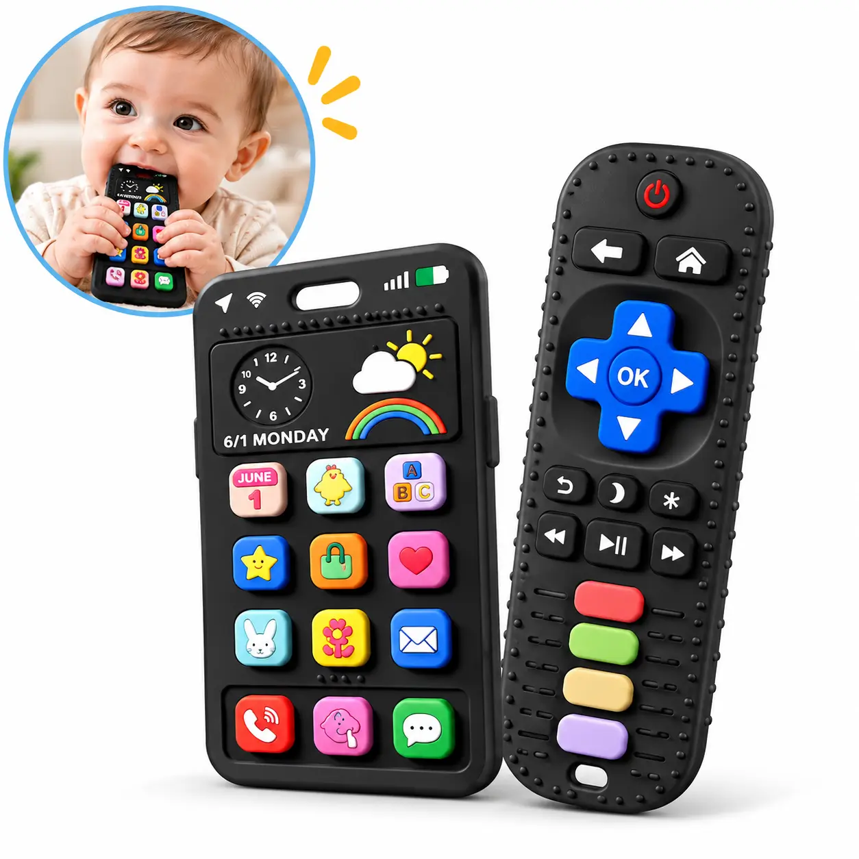 Baby Silicone Remote and Phone Teether, 2pack Teething Toy for Baby 3 6 12 18 Months, Baby's Chew Toys, Food Grade Silicone Teething Toys for Infants, BPA Free, for Babies Gum Relief