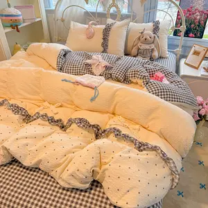 3pcs Korean Ruffle Plaid Quilt Cover Set, Cute Sweet Girl Bedroom Bedding Set, Single Double Queen Size, Includes 1 Duvet cover and 2 Pillowcases