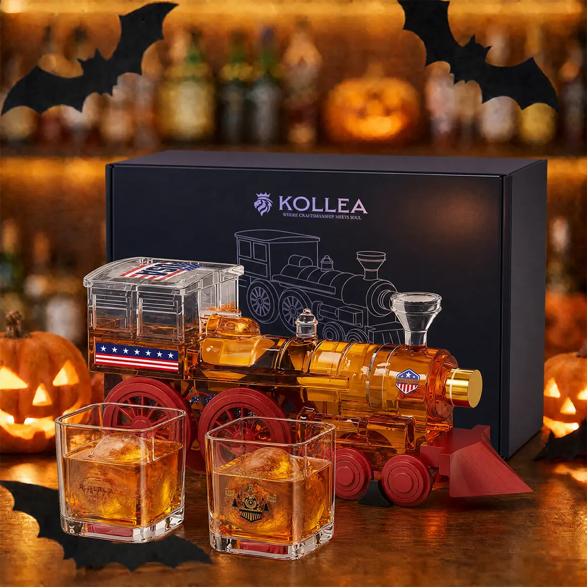 Man Cave Bar accessories,Kollea 250th Anniversary Steam Train Whiskey Decanter Set with 2 Glasses&Luxury Gift Box,Large Capacity Liquor Dispenser,Glass Craftsmanship,No Alcohol Included,Birthday Presents for Father,Husband,Boyfriend,Home Decor,sohochic so