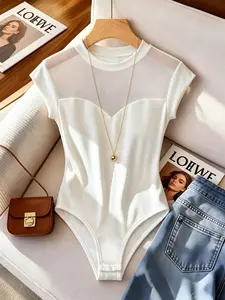 Summer Women's Fashion Elegant Versatile Round Neck Bodysuit, Mesh Patchwork Sexy Slim Fit, Casual for Daily Wear, Vacation, Dating