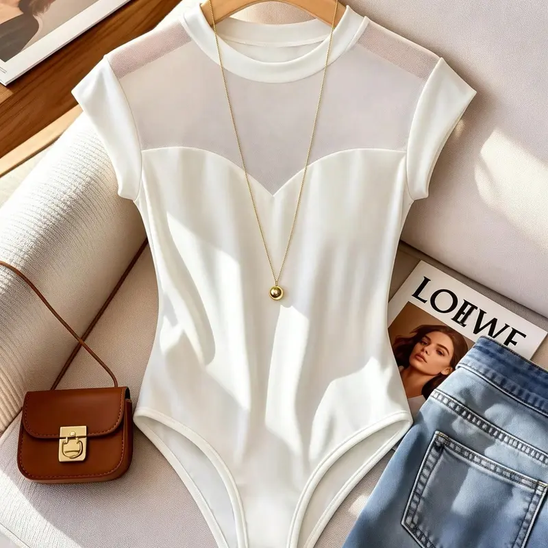 Women's Summer Elegant Round Neck Bodysuit Tops, Fashionable Aesthetic Bodysuits, Sexy Mesh Patchwork Breathable Slim Fit Bodysuits, Casual for Daily Wear, Vacation and Dating
