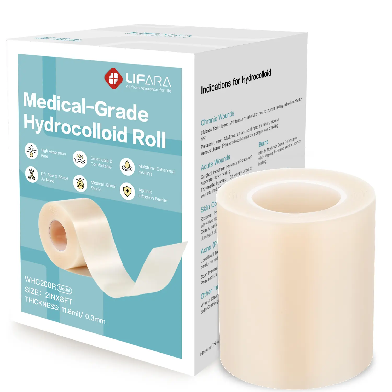 LIFARA Hydrocolloid Wound Care Roll - Prop 65 Safe, Customizable Cut-to-Size Extra Large Self-Adhesive Bandages, Skin-Friendly, Super Absorbent, Flexible, Waterproof First Aid Kit Essential (2in*8ft, 11.8mil/0.3mm Thickness), Bandages For Wounds, Hydrogel