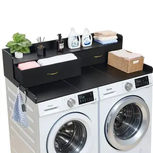 Washer And Dryer Countertop Organizer With Shelf And Drawers, 54 X 27.5 Inches Wooden Topper With Two Drawers And Two Hooks, Laundry Machine Countertop Shelf For Laundry Closet Pantry Storage And Organization, Black