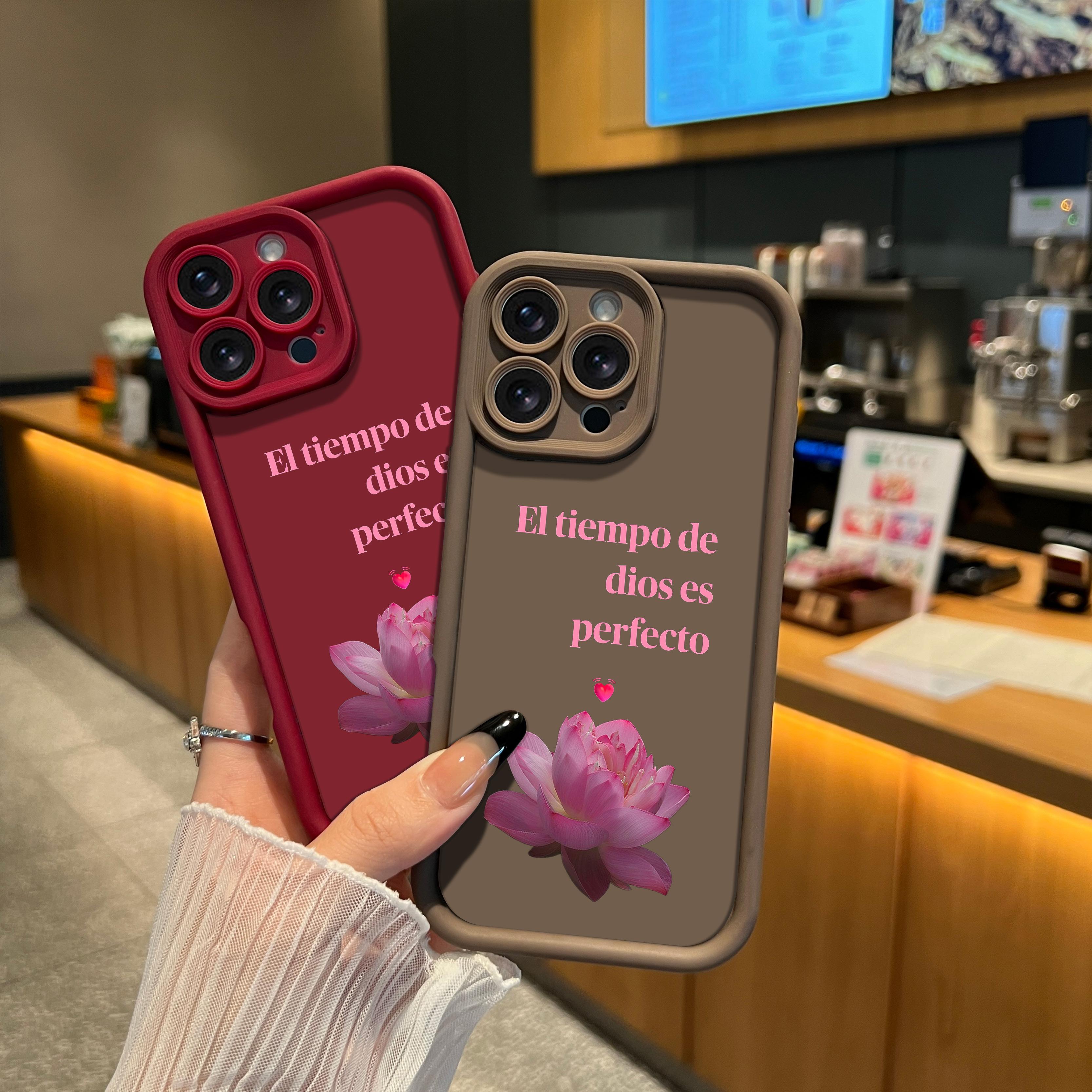 Elegant Lotus Design Lanyard Phone Shell El Tiempo De Dios Es Perfecto for iPhone Samsung 17Pro Max Air 16 15Plus 14 13 12 11 XR XS Galaxy S25 S24 S23 S22 A71 A56 A55 A54 A53 A52 Luxury Matte Texture Religious Birthday Gift For Her .NN131