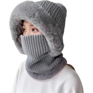 Women's Winter Pom-Pom Beanie — Casual Cable-Knit Hat with Fleece Lining, Extra-Thick and Warm Scarf-Hat Combo