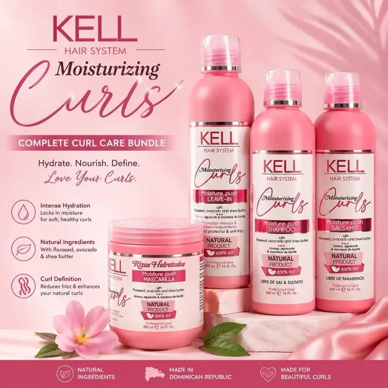 KELL Hair System Moisturizing Curls Complete Curl Care Bundle – Shampoo, Conditioner, Leave-In & Hair Mask