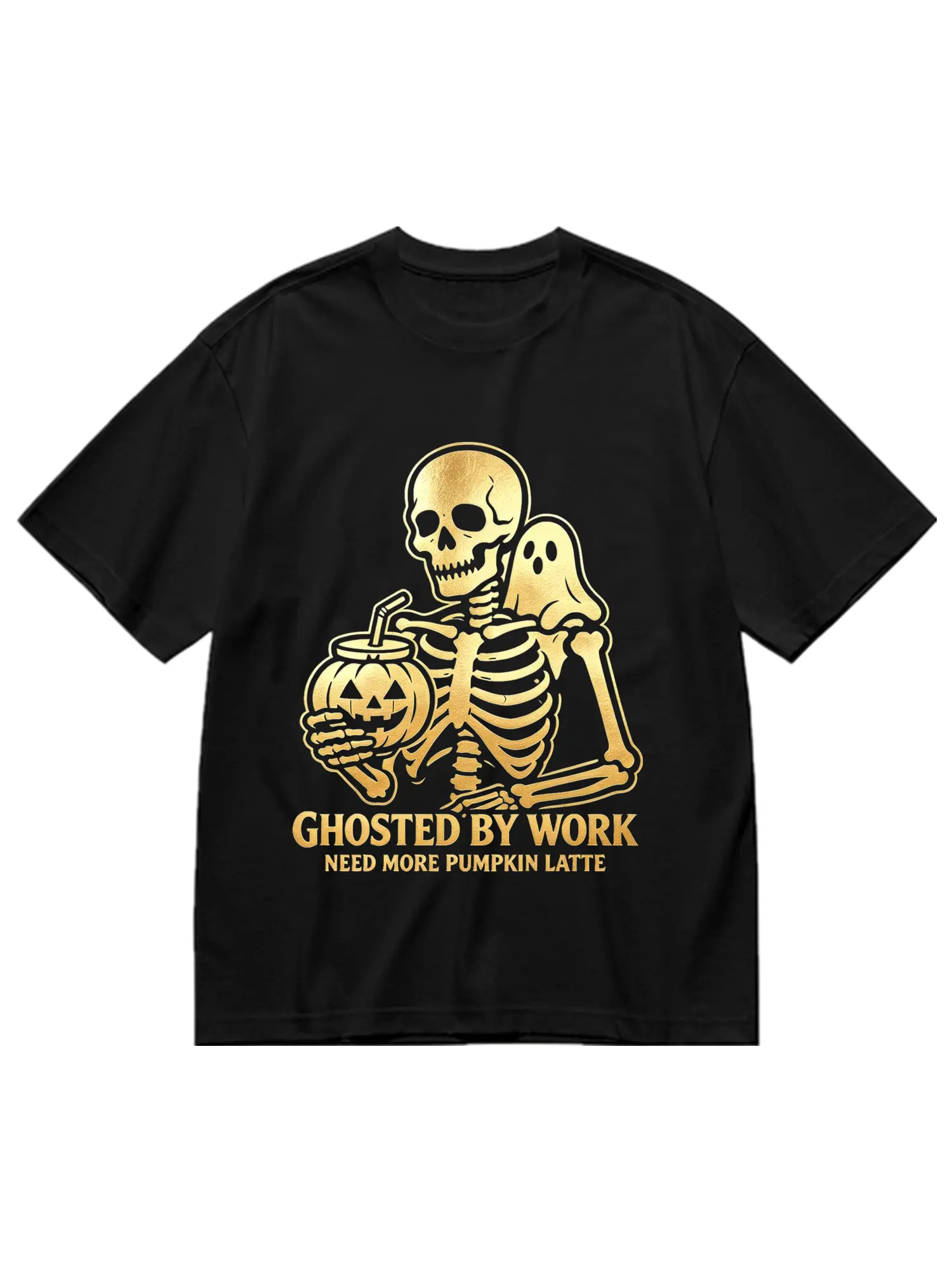 Men's Metallic Gold-Silver Foil Textured Skeleton Ghost Graphic Cotton Short Sleeve T-Shirt, Classic Breathable Apparel Tops for Fall Pumpkin Latte Halloween, Shortsleeve, Casual, Hem, Stretch, Soft