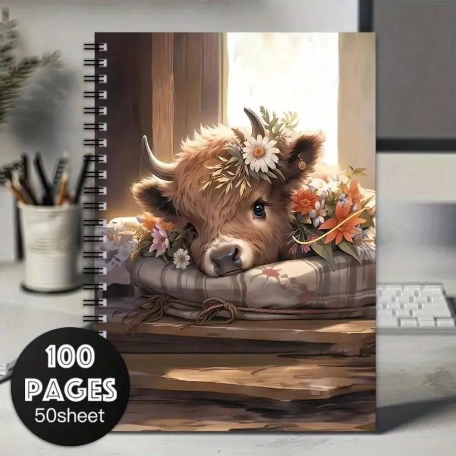 Spiral Composition Notebook with Highland Cow Design, Spring Highland Cow Gifts, Daisy Floral Journal, Cow Gifts for Women, Scrapbooking Kit, Spiral Bound Notebook, Cute Notebook, Aesthetic Notebook, Writing Notebook