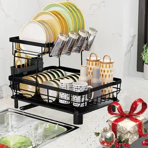 2 Tiers Dish Drying Rack Space-Saving Kitchen Counter Organizer with Drainboard Utensil Holder & Automatic Drainage Black Divided Serving Tray for Plates Cups Bowls