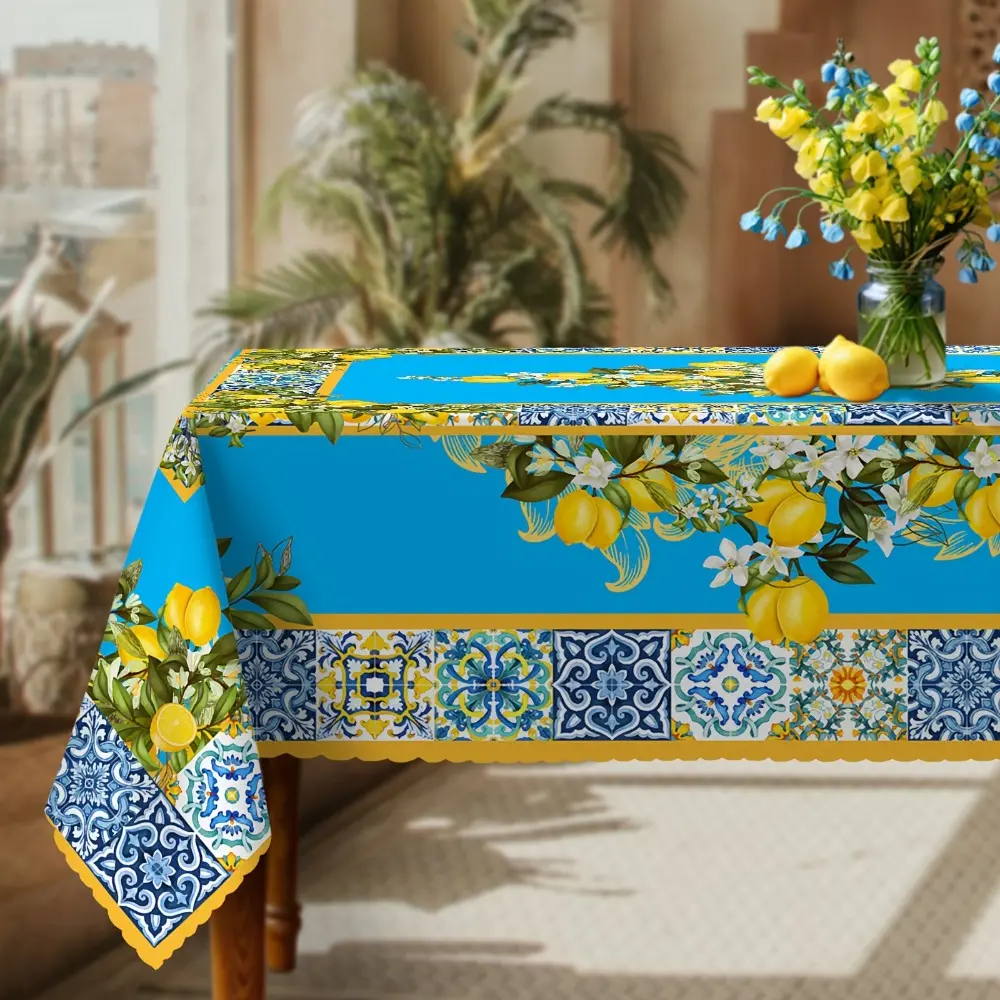1 piece, vintage lemon floral tablecloth, elegant Oriental style design for spring and summer, fresh lemon-decorated tablecloth, suitable for home Decoration, kitchen, dining room, patio table, parties, and festivals, an ideal gift for nature lovers