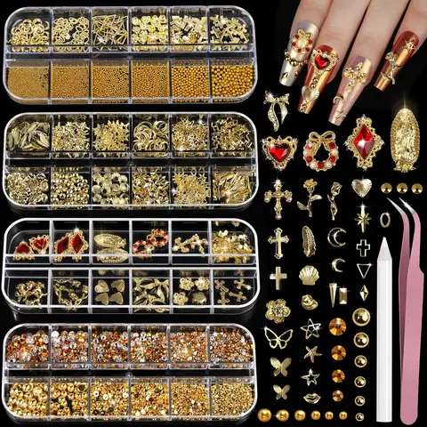 4-Box Complete Nail Art Kit, Gold Charms and Gems Set with Nail Pearls, 3D Cross Charms, Heart Rhinestones for Enhancing and Creating Unique Designs