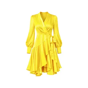 Satin Long Sleeve Wrap Dress