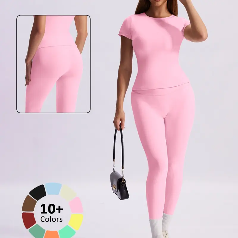 Women's Two-Piece Yoga Set, Solid Color High-Waisted Slim-Fit Pants and Breathable Quick-Dry Top, All-Season Sportswear, Sports Leggings Set, Gym Yoga Outfits, Workout Exercise Clothing