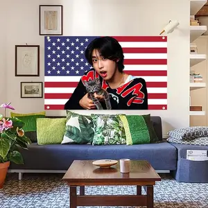 Tapestry  SKZ's Han with a Kitten USA Kpop Flag 3x5ft USA Tapestry 3x5ft for Dorm Bedroom Decorative Flag with Brass Grommet Gift Modern Stripe Design