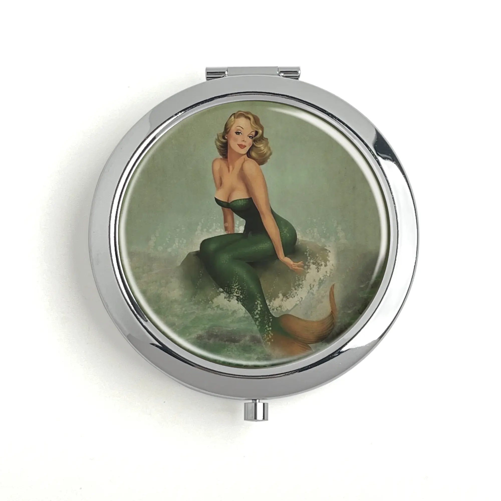 Vintage Mermaid Metal Pill Box, Travel Vitamin Organizer with Built-in Makeup Mirror & Makeup Holder, Unique Design, 60mm Inner Diameter Home Storage Box