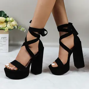 Women's Suede Platform High Heels Sandals Lace-up Strappy Chunky Block plot twist Heel Open Toe Footwear 5.51-inch Heeled Girl Elegant Stylish Sexy Summer Casual Dressy Shoes for Wedding Party Prom Club Heel Peep Toe Sandals Toe Ankle Strap Heels NWJX