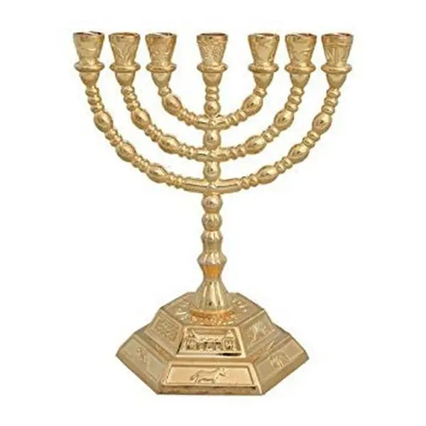 7 Branch Hexagonal Base 12 Tribes of Israel Menorah in Gold by N/A