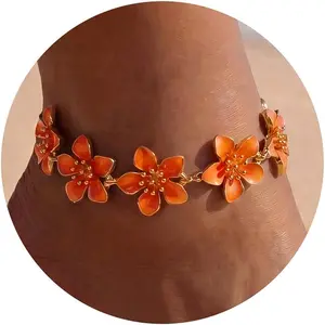 Plated Ankle Bracelets for Women, Adjustable Layered Flower Cherry Charm Anklets, Summer Hawaiian Beach Foot  Gifts