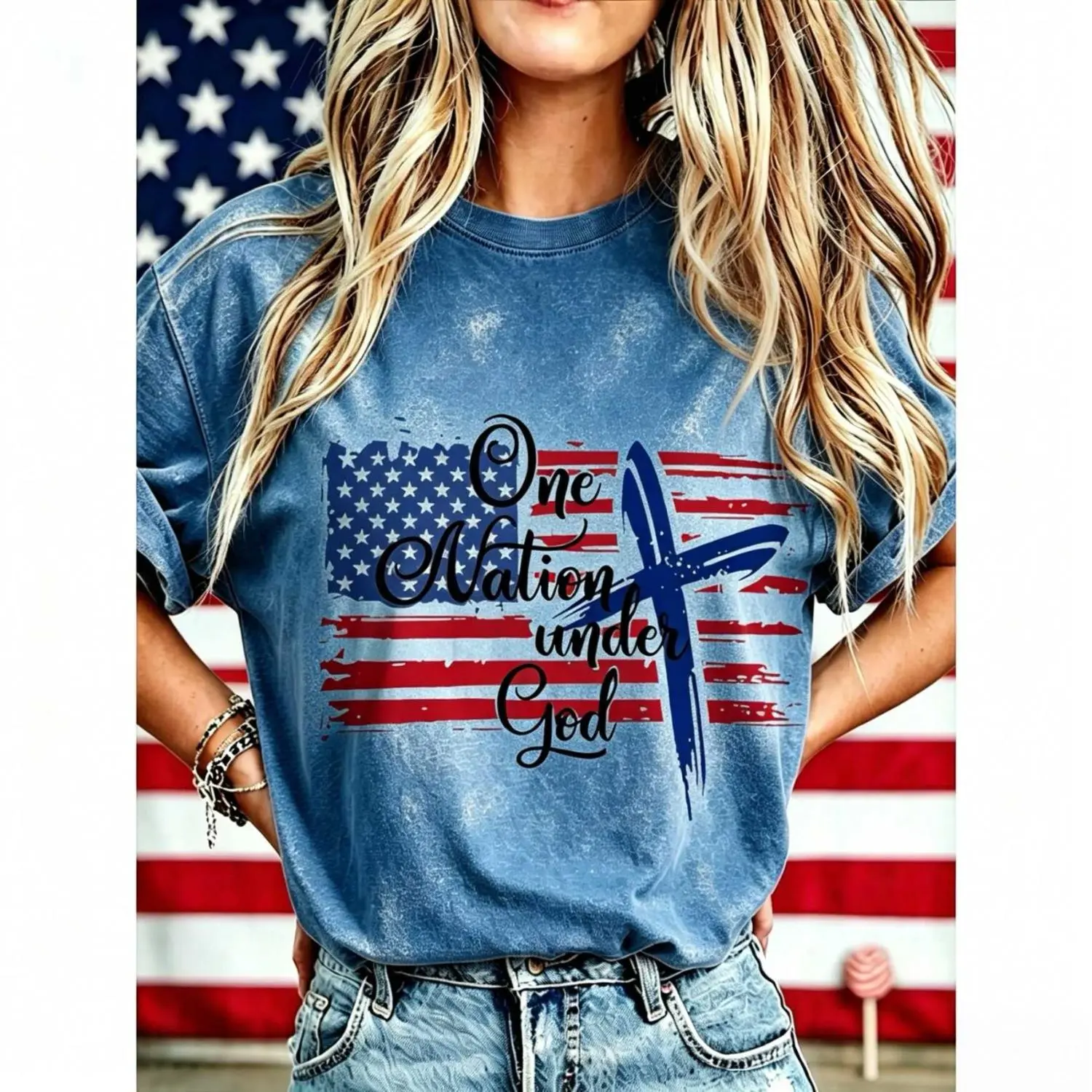 One Nation Under God American Flag 250th Vintage Washed T-Shirt for Women Casual Crew Neck Short Sleeve Tees for All Seasons 4th of July Independence Day Patriotic Tops