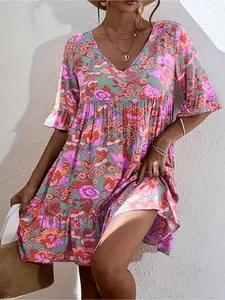 Plus Size Boho Floral Print Mini Dress, Tummy Control Loose Fit, Curvy Girl Vacation Wear