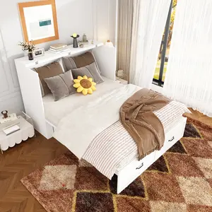 FUFU&GAGA 2-in-1 Full/Queen Murphy Bed & Chest: Built-in Charging Station, Large Drawer & Foldable Cabinet Frame for Bedroom, Guest Room & Office Storage Folding Design