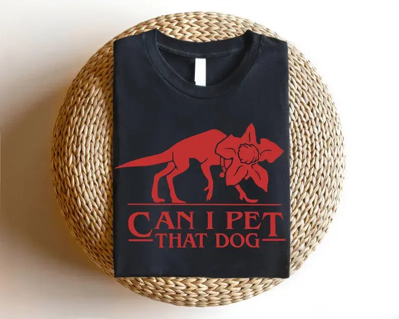Women's Short Sleeve Casual Round Neck T-Shirt - Funny "Can I Pet That Dog" Demogorgon Devil Stranger Upside Down Print All Seasons Dog Lover Clothes