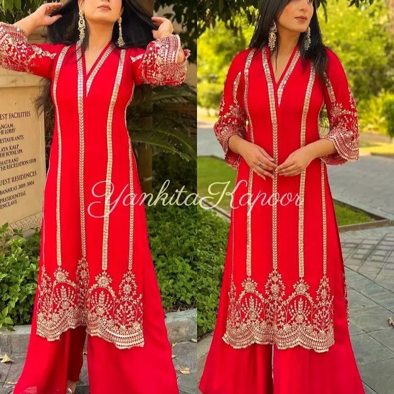 Beautiful Red color Kurta and Palazzo with Dupatta set Georgette fabric kurta Palazzo 3 piece Set Embroidery Casual Comfortable