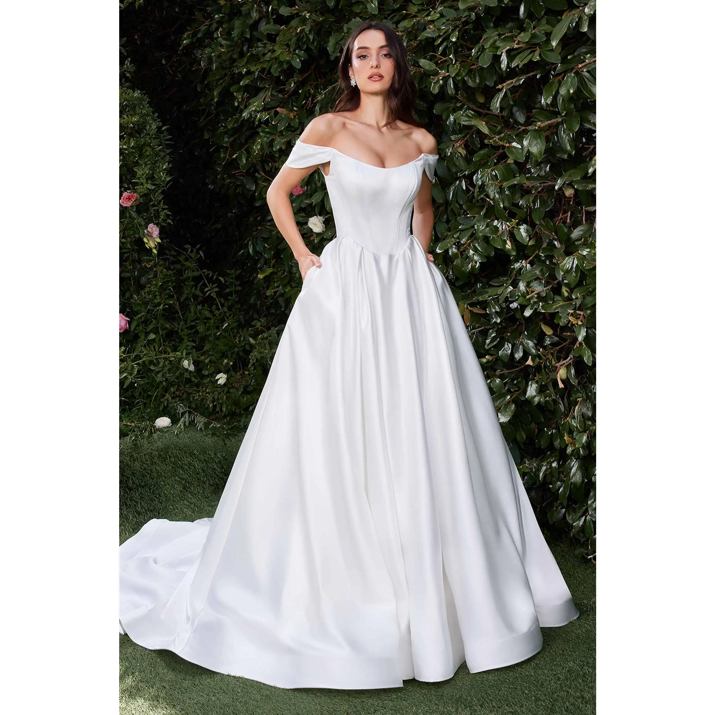 Ladivine Bridal Dress for Women CDS513W, Sleeveless Off Shoulder Satin Fabric Ball Gown with a Structured Bodice and Pockets, Women's Clothes, Elegant, Beads, Plus Size, Zip, Classic, Straps, Formal, Bride, Fit, Scoop Neck, Soft