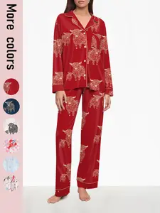 《Highland cattle》Women's Highland Cow Cartoon Pajama Set, Long Sleeve Top & Pants, Casual Fitted Sleepwear & Loungewear for Fall Winter, All over Animal Print