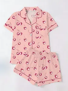 Women's Casual Fitted Short Sleeve Shorts Set, Soft Breathable Cherry Pattern All Season Home Wear, Two-Piece Pajama Sleepwear Suit
