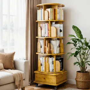 6-Tier Rotating Bookshelf 360° Spinning Bookcase with Drawer and Wheels, MDF Wood Tower Shelf for Living Room Bedroom Home Office, Space-Saving Small Corner Storage Display Rack, Wood Color, Wood Color Options, MDF Material, Contemporary Style