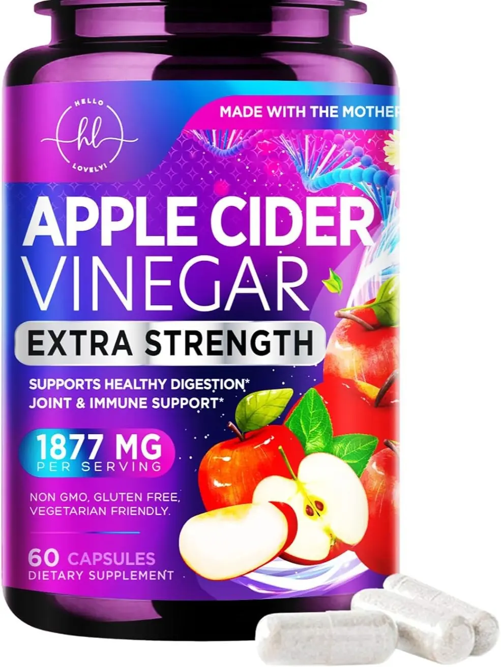 Apple Cider Vinegar Capsules 1877mg - Extra Strength ACV Pills with Vitamin D3 & Zinc - Apple Vinegar Pills Supplement for Digestion, Energy & Immune Support, Non-GMO, Bottled in USA - Capsules