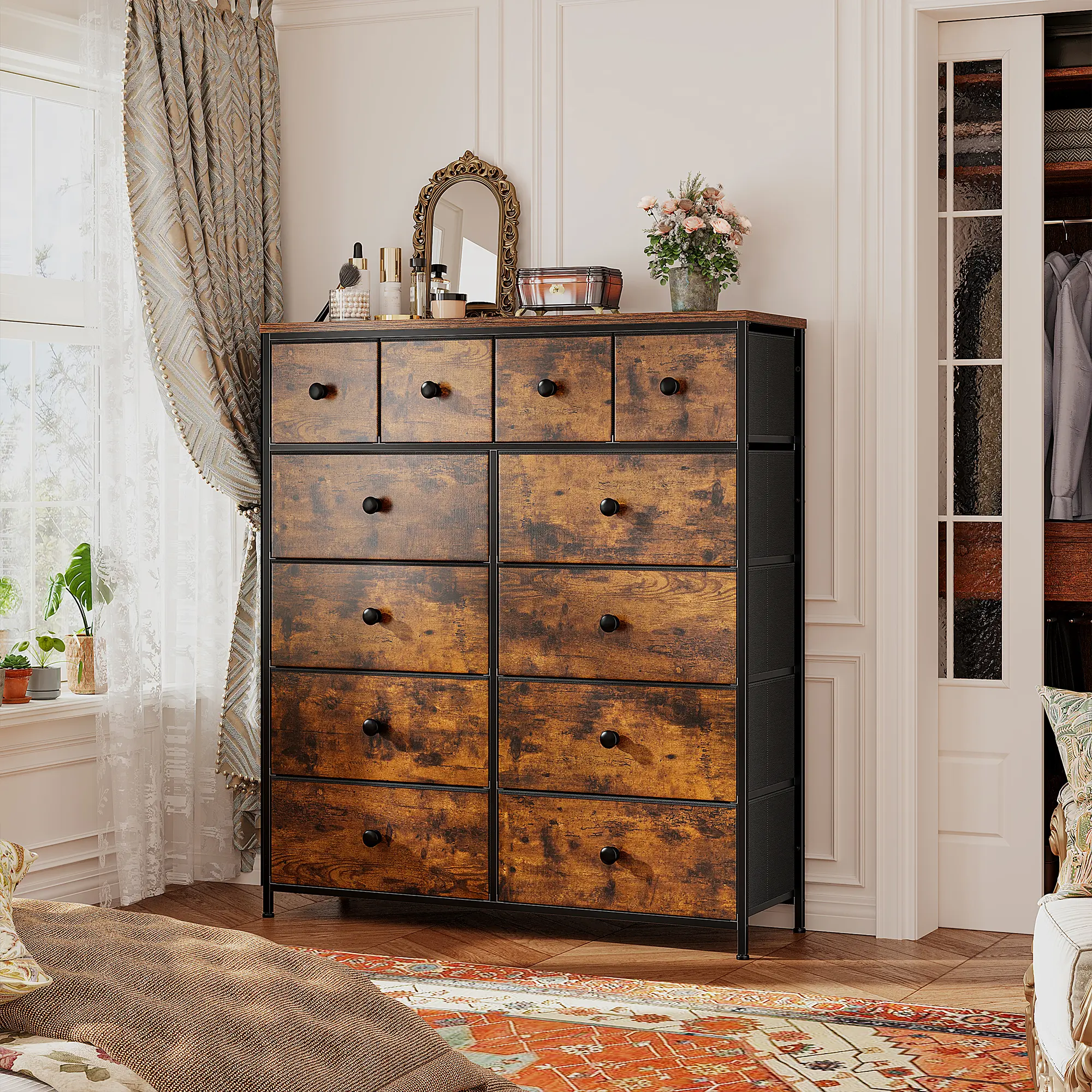 Raybee Tall 12-Drawer Fabric Dresser, Storage Dresser & Chest of Drawers with Sturdy Metal Frame, Fabric Drawer Dresser Organizer Unit & Storage Tower for Bedroom, Closet, Living Room, Entryway; Space-Saving Furniture for Apartments, Dorms & Rental Homes