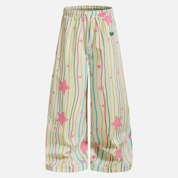Aelfric Eden Rainbow Stripe Star Print Wide Leg Pants Playful Rainbow Stripe & Star Print Oversized Wide Leg Fit Adjustable Drawstring Waist Lightweight Breathable Fabric Women Casual Pants