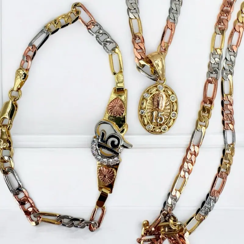 15-Year-Old Tricolor Gold-Plated Virgin Pendant Matching Jewelry Set - Necklace + Bracelet, Elegant Everyday Costume Jewelry, Date Gift for Her