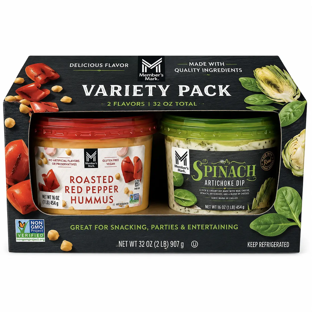 Member’s Mark Variety Pack – Roasted Red Pepper Hummus & Spinach Artichoke Dip, 32 oz Each Pack  (2-Pack Dips)