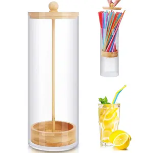 Acrylic Straw Holder Dispenser with Bamboo Lid, Transparent Countertop Organizer for Kitchen Storage & Organization Needs