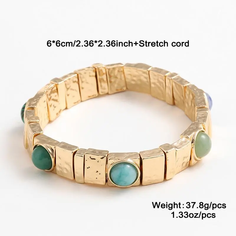 Bohemian Multicolor Natural Stone Bangle Bracelet for Women, Gold Plated Vintage Stackable Wide Bracelet, Ethnic Fashion Jewelry Gift