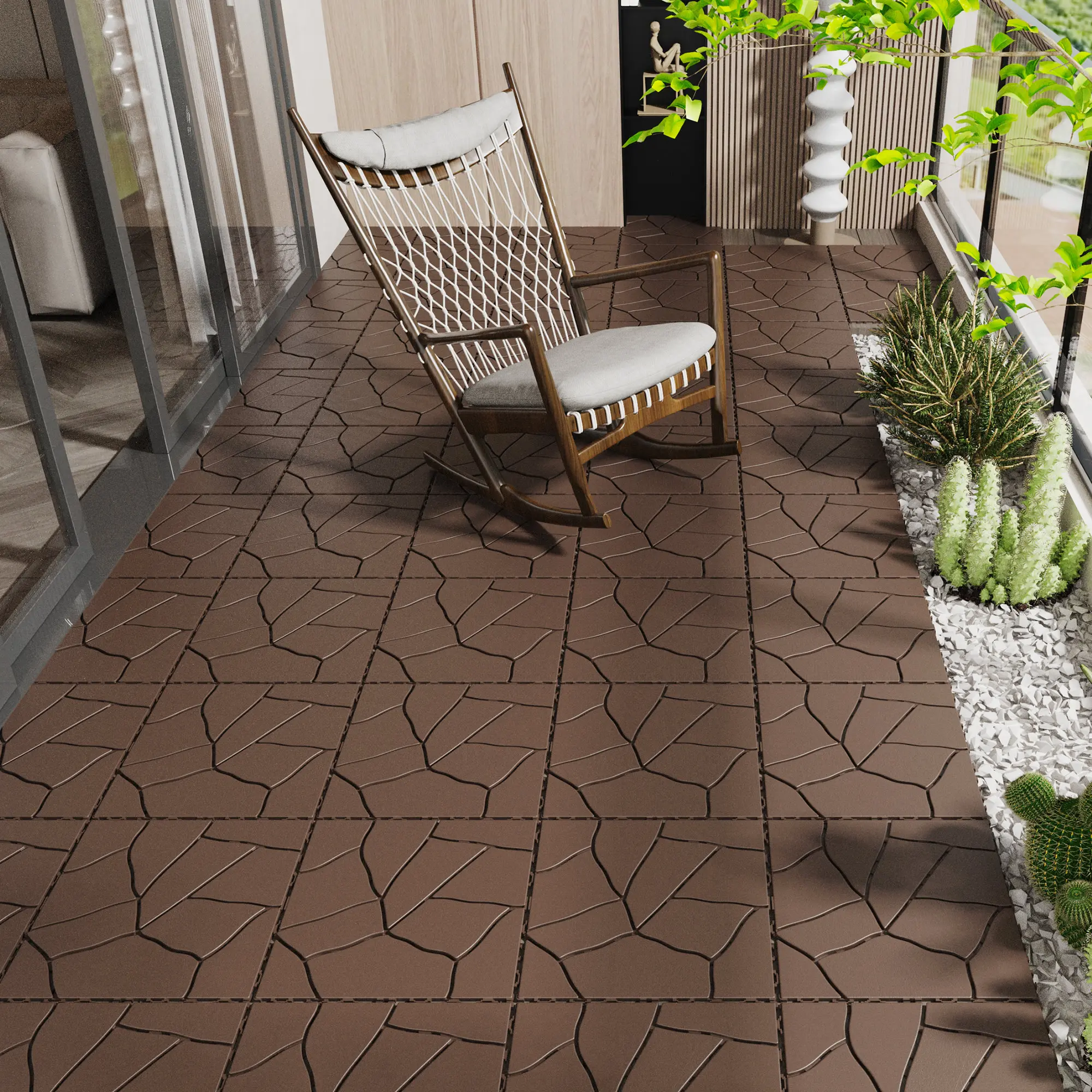 12" Stone-Style Interlocking Eco-Friendly WPC Decking Tiles - 44pcs Red Brown Non Slip Flooring for Easy Installation on Patio, Balcony