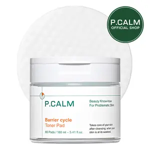[P.CALM Official] Barrier Cycle Toner Pad – 60 Pads with Centella Asiatica & Papaya Extract for Soothing, Moisturizing & Exfoliating, Korean Vegan Facial Toners Pads for Sensitive Skin (160ml / 5.41 fl.oz)