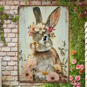 Vintage Metal Bunny Wall Art Sign Floral Wreath Rustic Farmhouse Home Decor for Garden Cafe Garage Easy to Hang No Electricity Needed