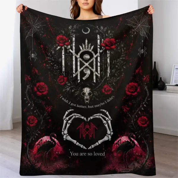 Gothic Skeleton Heart Throw Blanket, Dark Red Rose Skull Printed Flannel Fleece Blanket, Soft Cozy Gothic Style Blanket for Sofa Bed Couch Bedroom Decor, Halloween Gift, Romantic Gift for Gothic Lovers, All Season Warm Blanket