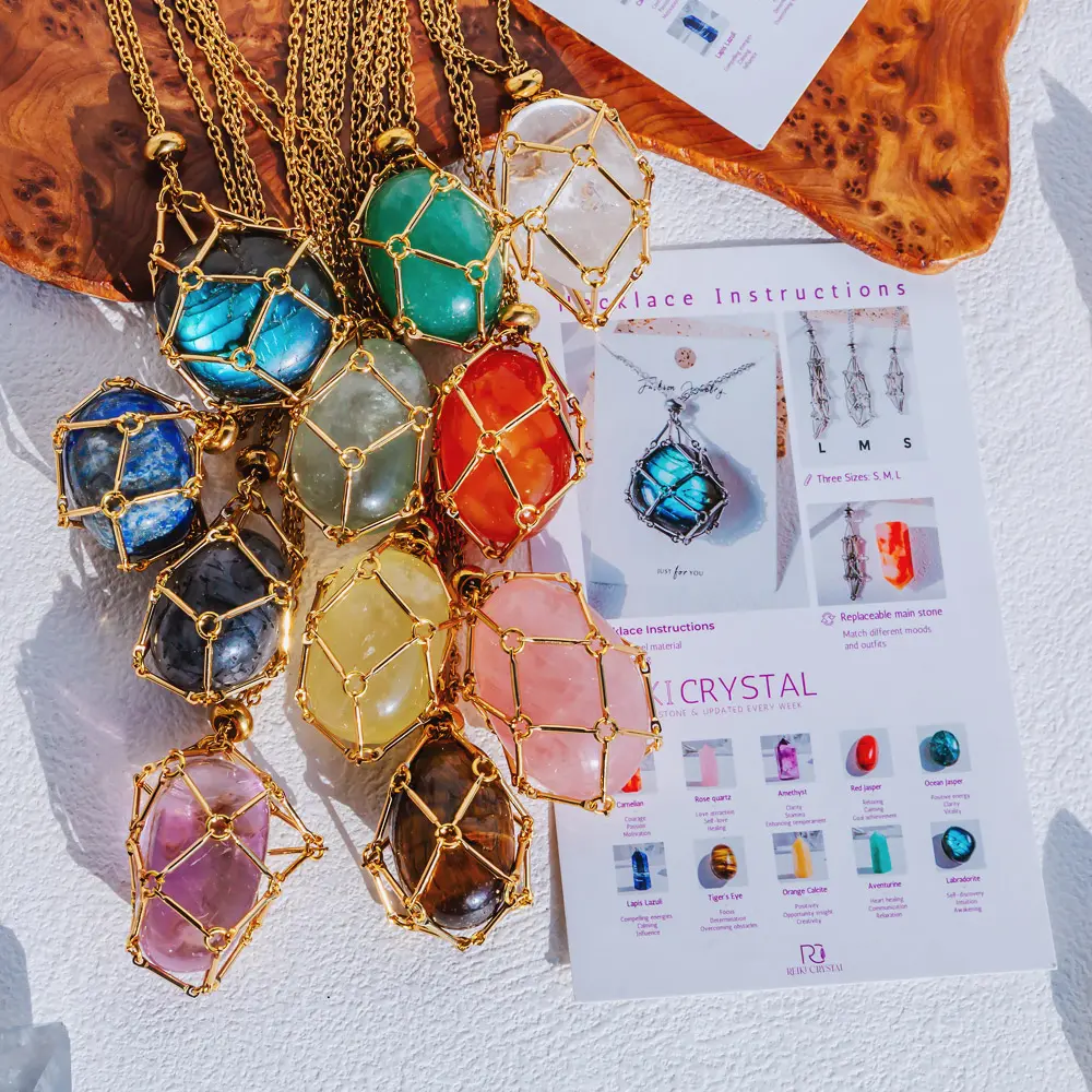 Natural Crystal Necklace – Golden Bamboo Wrap & Metal Net | Tumble & Point Design