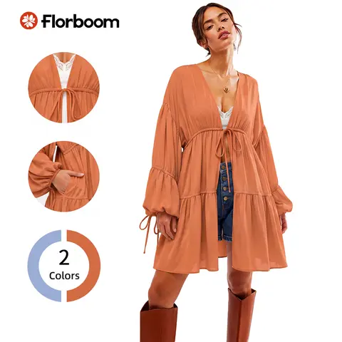 Florboom Flowy Boho Cardigan For Women, Side Pockets, Front Tie,  Pleated Tiered Cover Up, Perfect for Beach Vacation ,Thanksgiving, Christmas