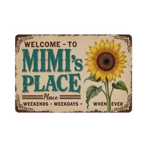 8x12" 2D Flat Vintage Metal Wall Sign – "Welcome to Mimi’s Place" Rustic Turquoise French-Inspired Decor with Sunflower & Leaf Design, Aluminum Wall Art Gift for Mimi